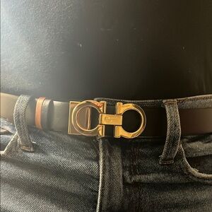 Ferragamo Black Leather Belt with Gold Buckle